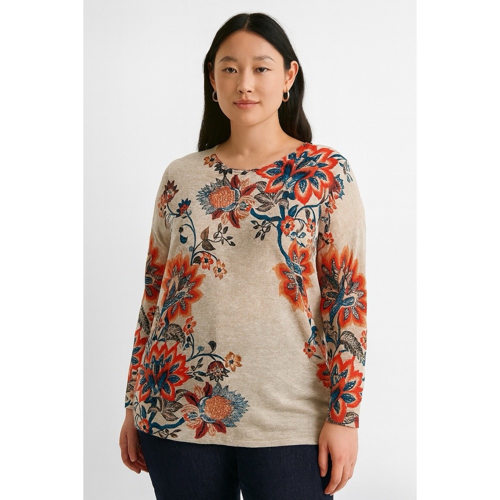 Chicos Womens 2 Tan Asian Floral Orange Blue New Knit Pullover Sweater US 12 - Picture 1 of 7